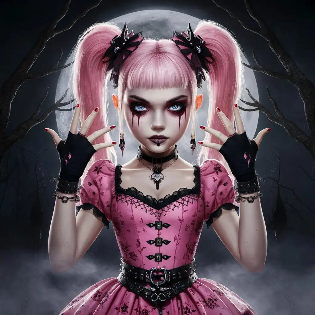Goth girl, make it pink themed with crimson blue eyes in the dark