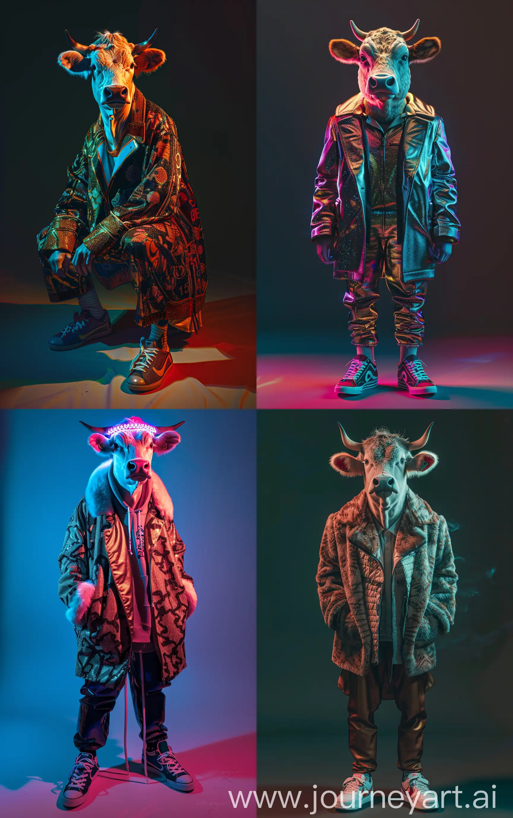 Fashion photography of a anthropomorphic cow dressed in luxury attire from 1980s, wearing sneakers, Sony Alpha a7, ISO1900, volumetric lighting --ar 10:16