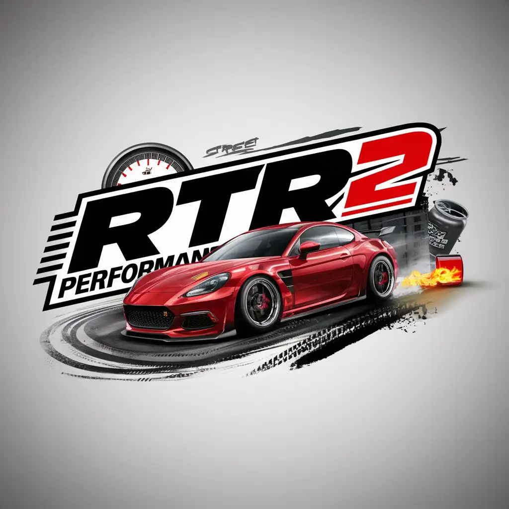 a logo design,with the text "RTR2 Performance", main symbol:Car racing, illegal street racing, tuning,Moderate,clear background