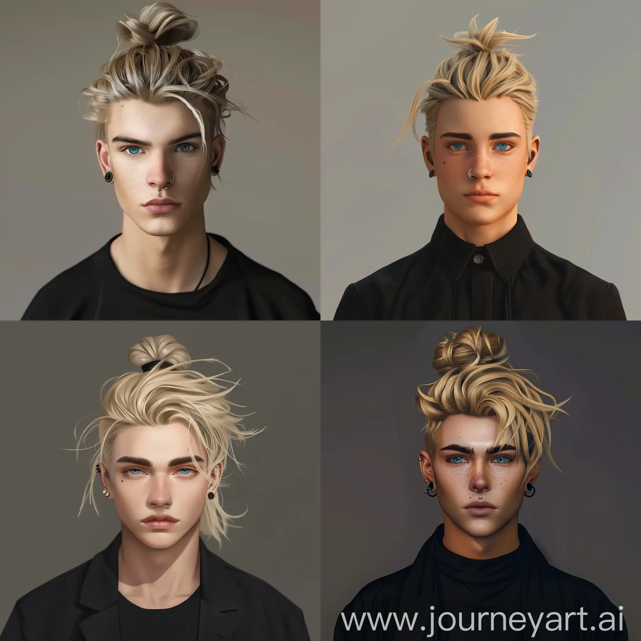 Male Vtube avatar, blond-haired with a top knot hairstyle, blue eyes, and a septum piercing, dressed in black clothes.