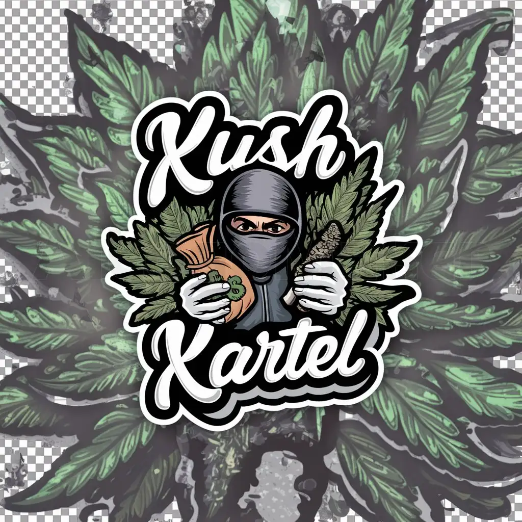 a logo design,with the text "Kush Kartel", main symbol:A highly detailed weed inspired background with a cartoon character wearing a balaclava holding money and a joint,complex,be used in Others industry,clear background