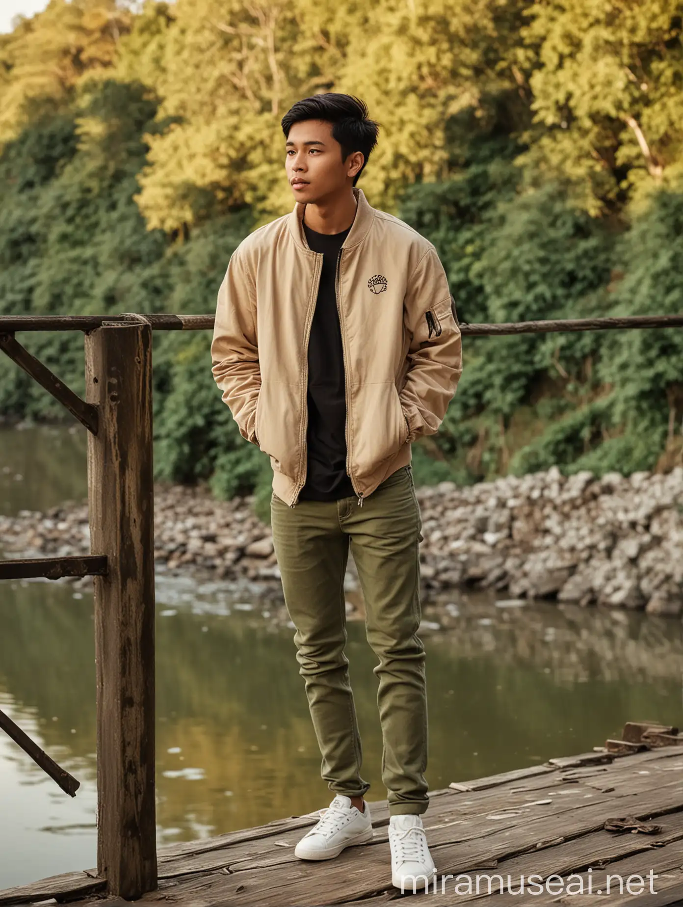  of a slim Indonesian man around 20 years old with short black comma hair  wearing a light brown zipper jacket with 'ISRA' logo, cream jeans, and sneakers, standing on an old bridge over a river in the late afternoon, leaning against a bridge pillar, with a beautiful and cool green hilly background, in raw style. Add details such as a gentle sunset with warmer lighting to enhance the mood. Make the man's pose more dynamic.