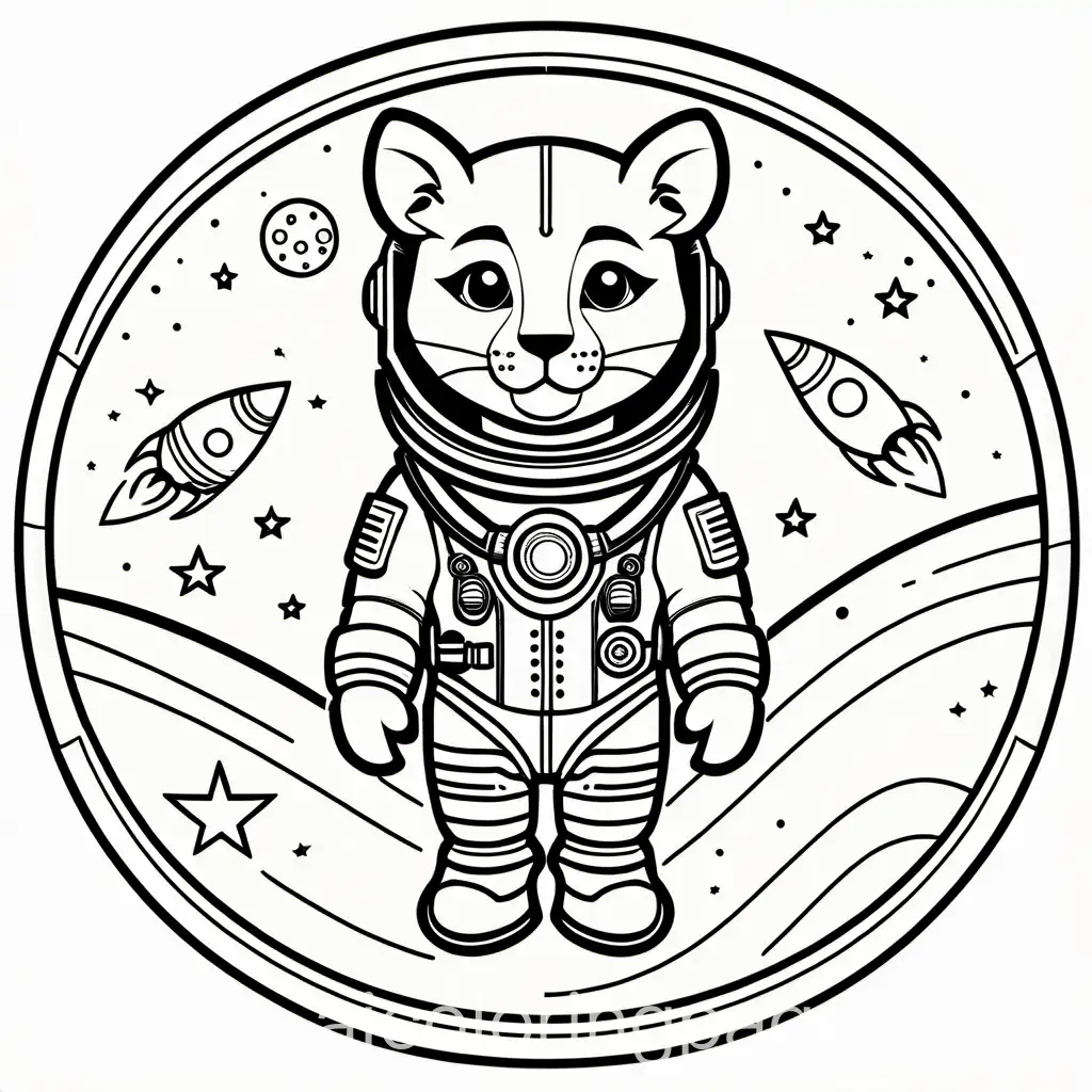a cougar as an astronaut in a rocket

, Coloring Page, black and white, line art, white background, Simplicity, Ample White Space. The background of the coloring page is plain white to make it easy for young children to color within the lines. The outlines of all the subjects are easy to distinguish, making it simple for kids to color without too much difficulty