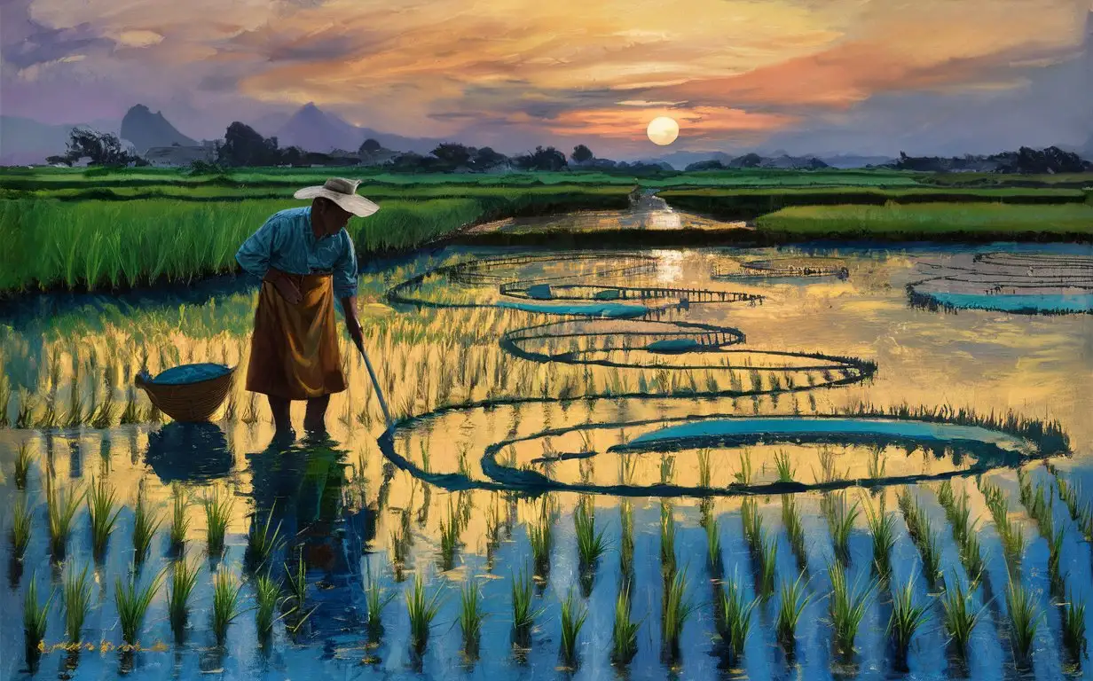 Peasant-Working-in-Rice-Field-at-Sunset-Rural-Bucolic-Landscape-Art