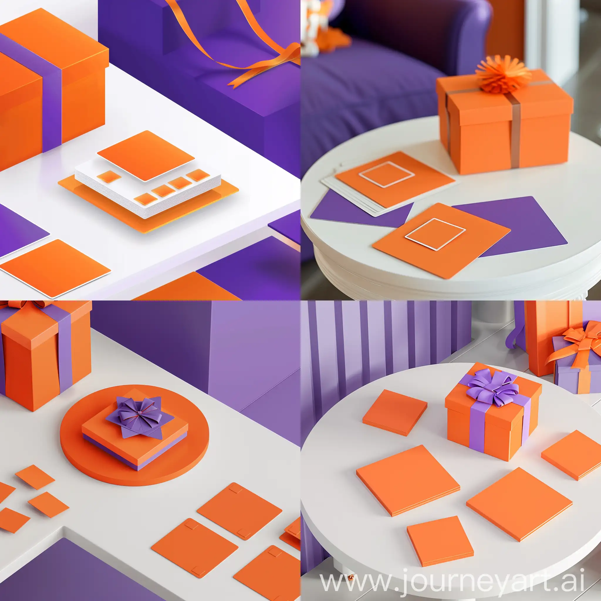 وکتور با تم رنگی نارنجی و بنفش با این مشخصات : یک جدول سفید که روی تعدادی کارت مربعی نارنجی و یک جعبه هدیه نارنجی است