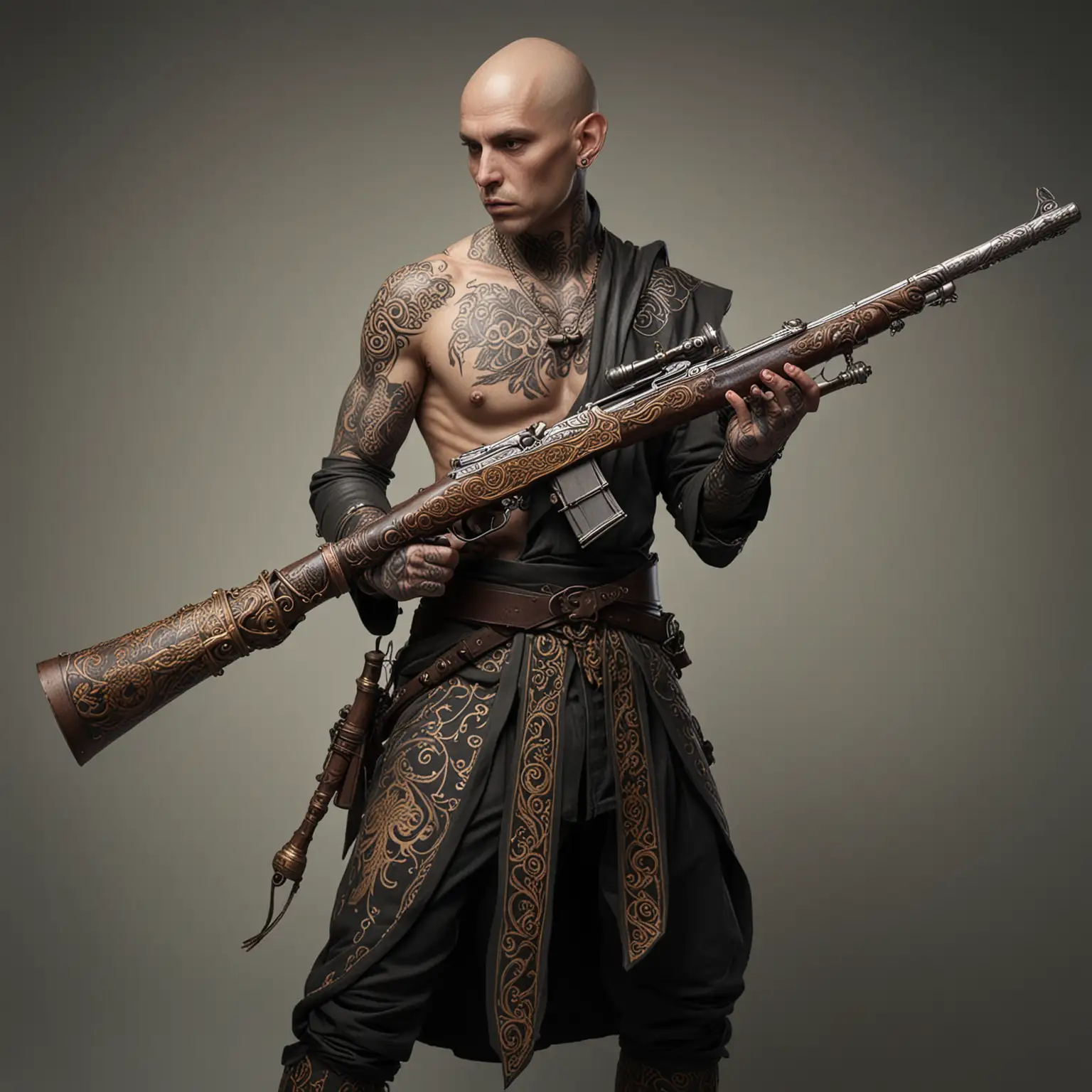 Bald,  tattooed half-elf shadow monk wielding an ornate antique hunting rifle
