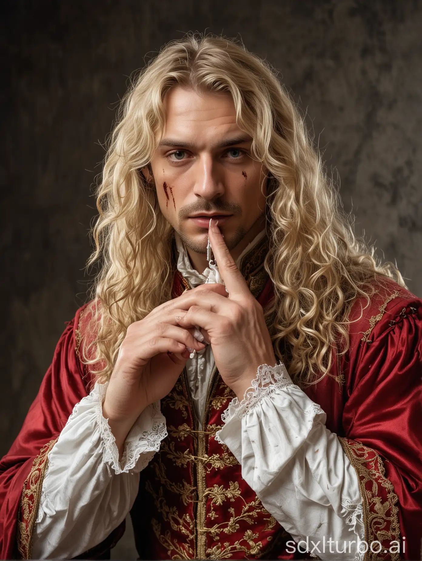 A handsome man of about thirty-five with long wavy blond hair in a rich medieval costume stands in half turn full figure view  with his hand in front of his face, wipes the blood from his face with a lace bloodstained handkerchief and his head held up so that his nose does not bleed. 
