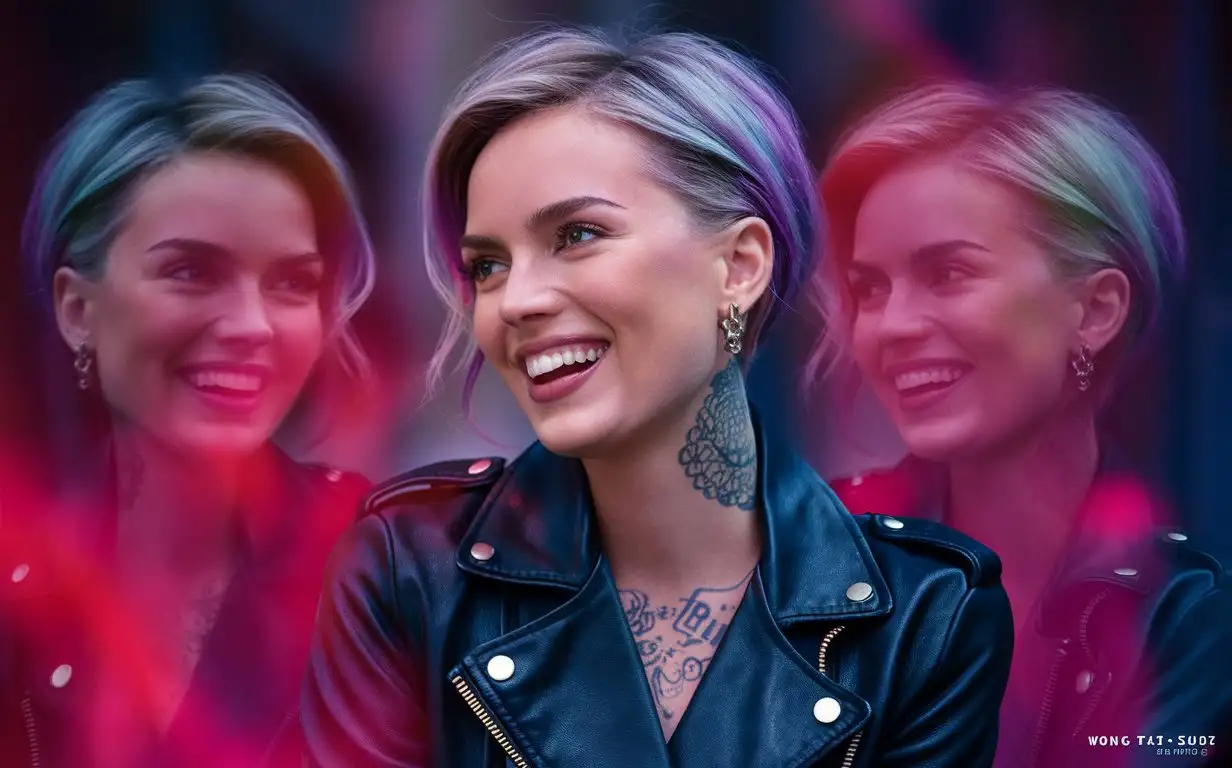 A closeup of young Charlize Theron, (18 yo), slim face, with multicolored hair, taken with a Fujifilm X-T40, laughing, leather jacket, with tattoo, full body, with high detail and high resolution photography, photographed in the style of Wong Kar-wai