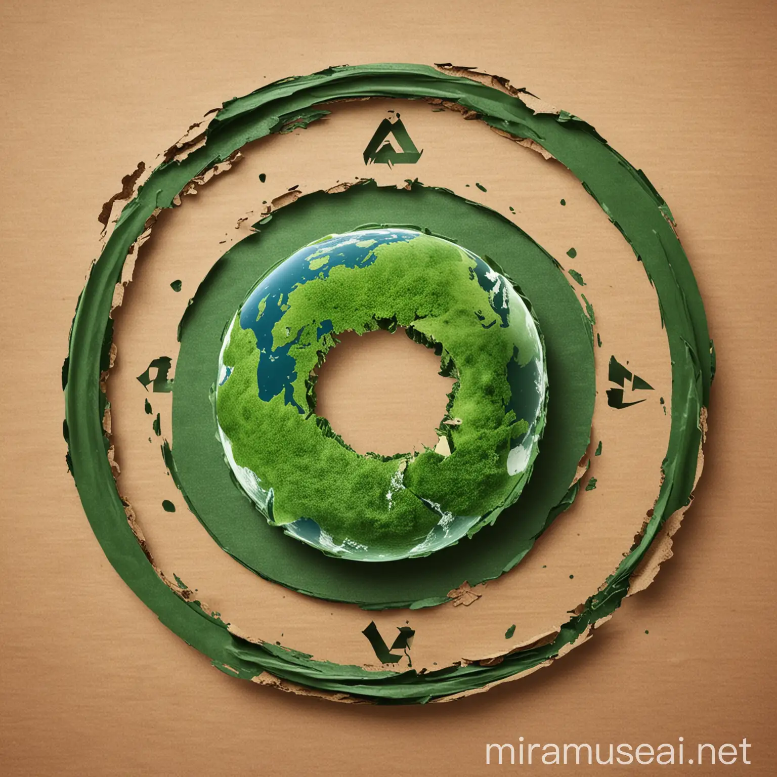 create a logo round green with earth in the middle with recycling symbol 