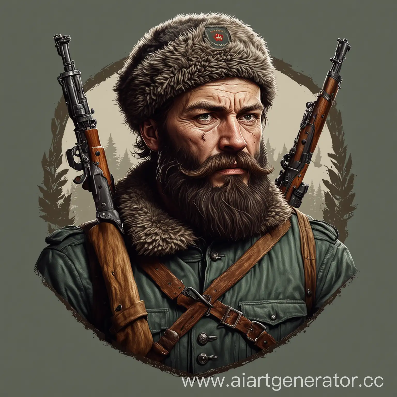 логотип, русский бородатый партизан с винтовкой прижатой к груди и шапке ушанке в стиле игры DAYZ, без заднего фона
