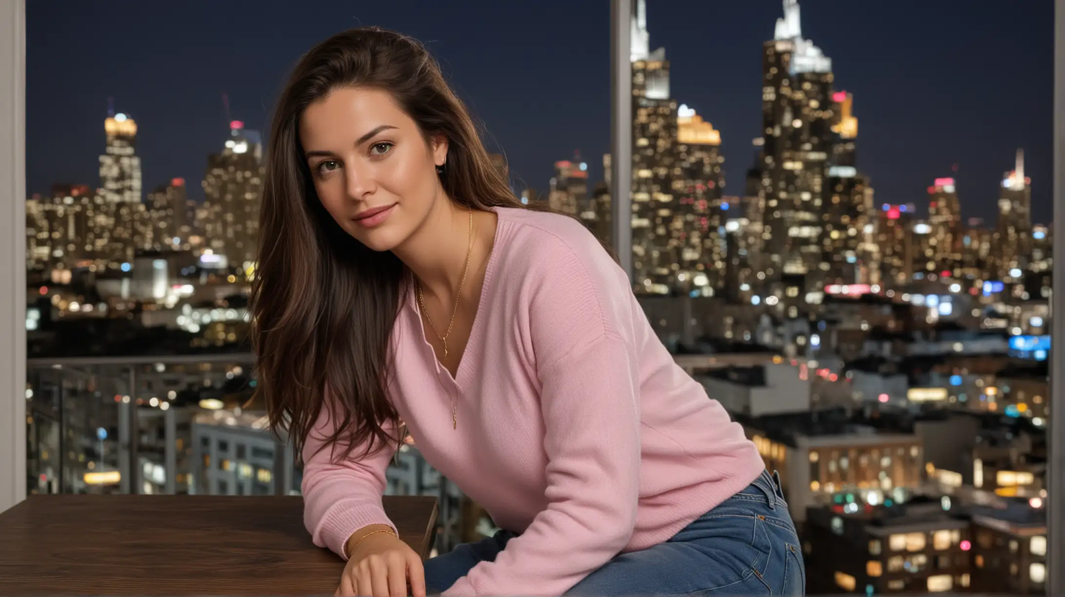 30 year old white woman with long dark brown hair parted to the right, gold necklace, pink sweater, white T-shirt and blue jeans. She is sitting down at a table, modern apartment at night with high rise urban background.