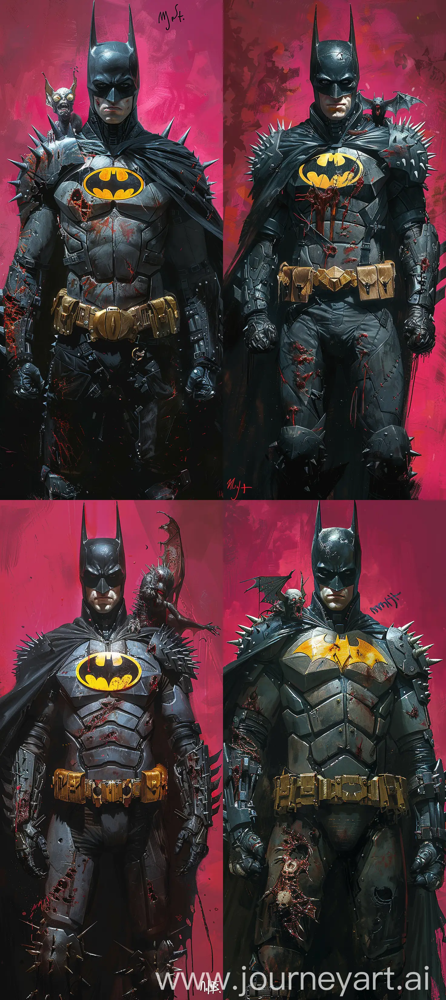 !mj1 Menacing armored Batman with spikes, dark aesthetic, yellow-black zombie bat insignia on chest, utility belt with Batarangs, flowing black cape, eerie bat creature on shoulder, bright magenta background, dark tones with vibrant contrast, rugged textures, artist's signature, sinister mood --cref https://i.postimg.cc/mrdN1Lmf/Screenshot-2024-0526-160019.jpg --ar 57:128 --s 750 --v 6