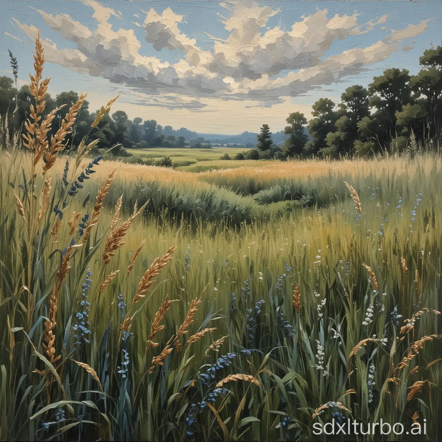 Impasto-Oil-Painting-Field-of-Tall-Grasses-and-Wheat-with-Pointillist-Florals
