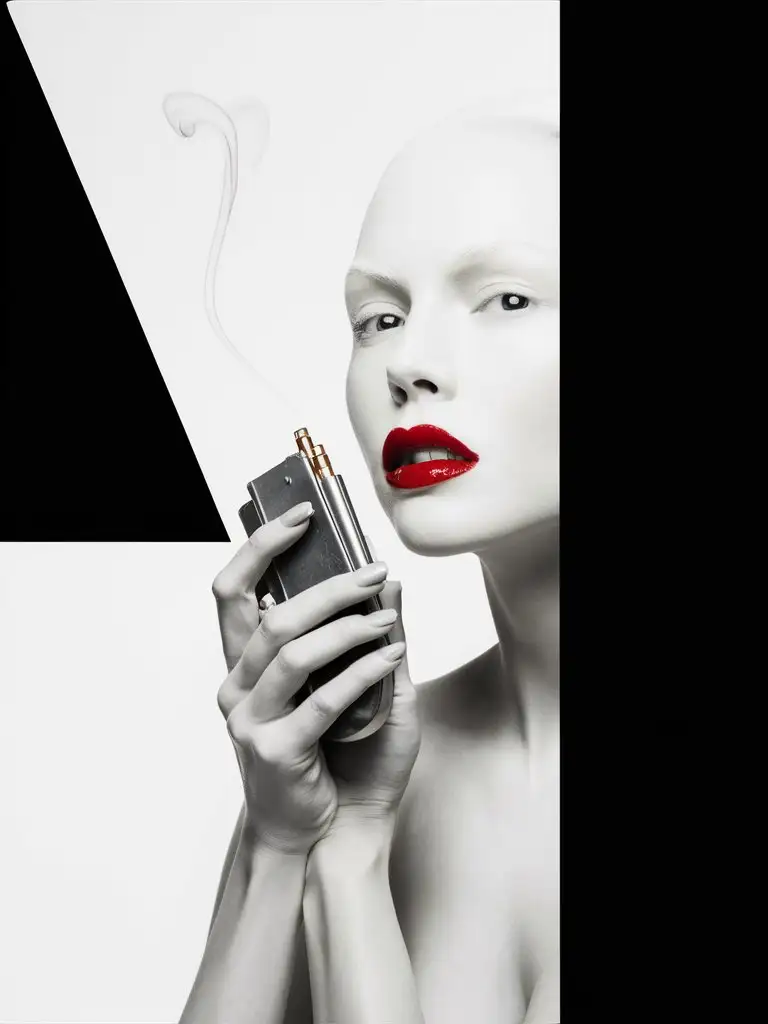 minimalism, scarlet female lips holding a cartridge case, white background, smoke