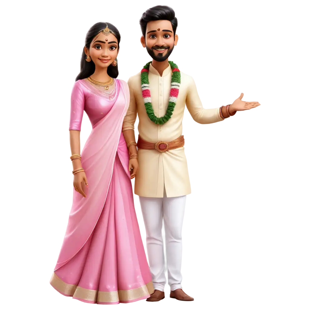Exquisite-South-Indian-Wedding-Caricature-in-Pink-Attire-PNG-Image-for-Online-Sharing-and-Printing