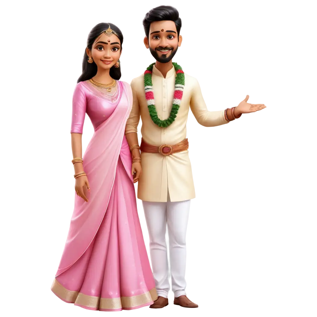 south indian wedding caricature in pinkish outfit of bride in saree and groom in lungi