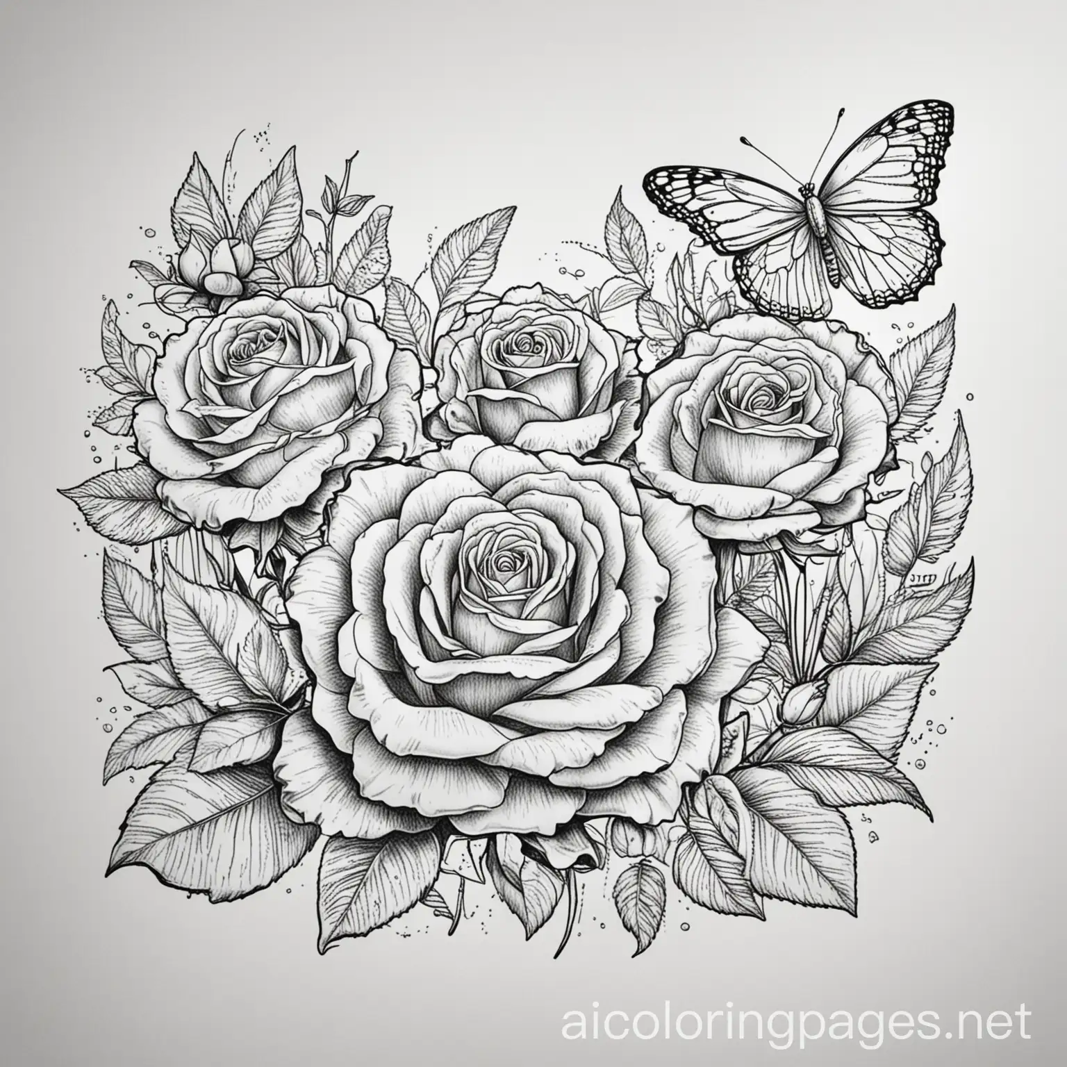 Butterflies-and-Roses-Coloring-Page-Black-and-White-Line-Art-for-Simplicity-and-Easy-Coloring