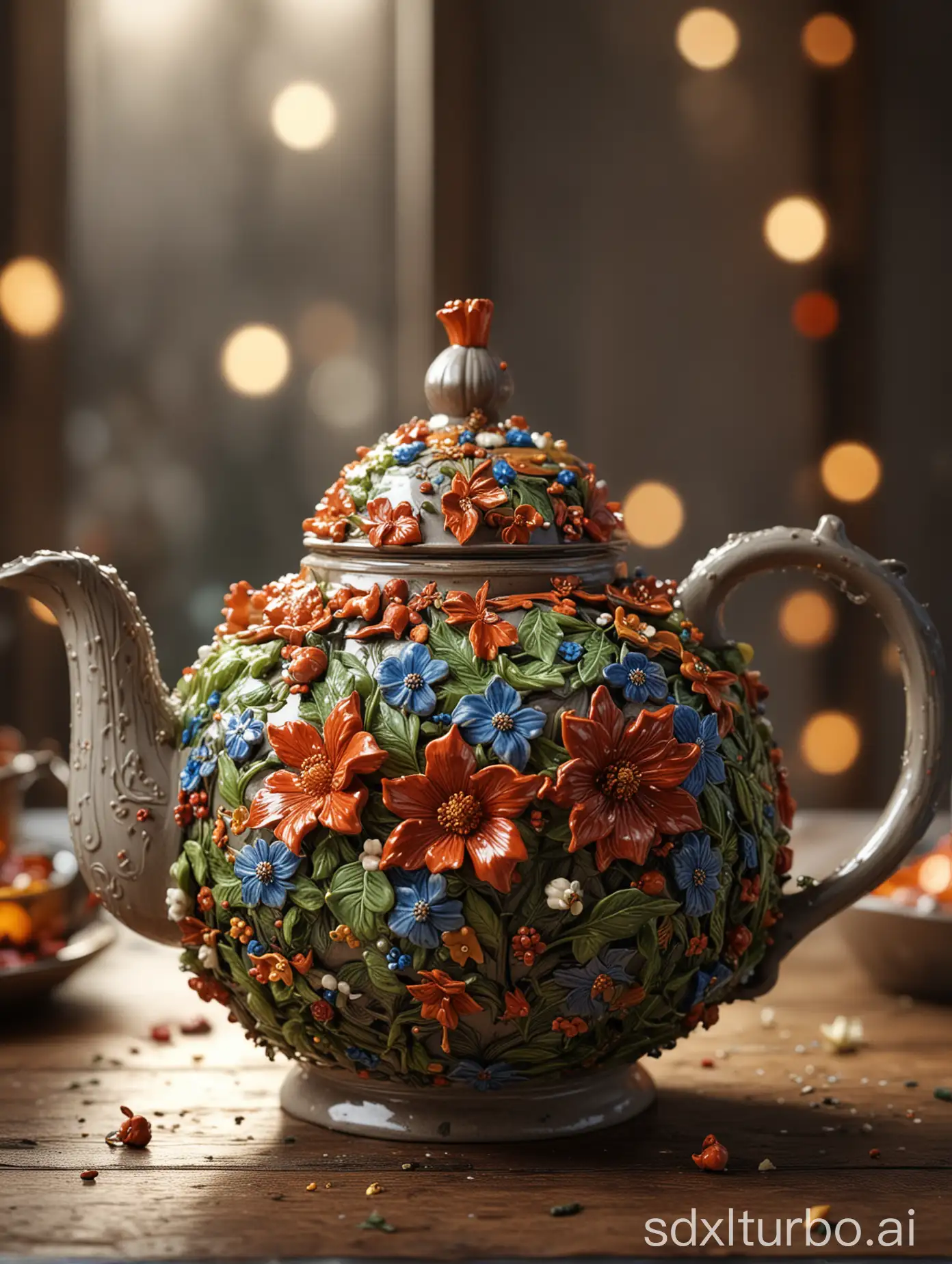 Extravagant ceramic spring flowers teapot design : Insanely detailed photograph of a ceramic teapot with 3D Flowers : surreal 3D design : meticulously detailed teapot : ultra high quality : rule of thirds : cinematic : HDR : 16k resolution : Epic composition : deep colors : fairy lights : intricate complexity : hyperdetailed : sharp focus : beautiful : sharp details : autumn leave : Professional photography, bokeh, natural lighting, canon lens, high contrast, high resolution, intricate details, HDR, beautifully shot, hyperrealistic, sharp focus, 64 megapixels, perfect composition