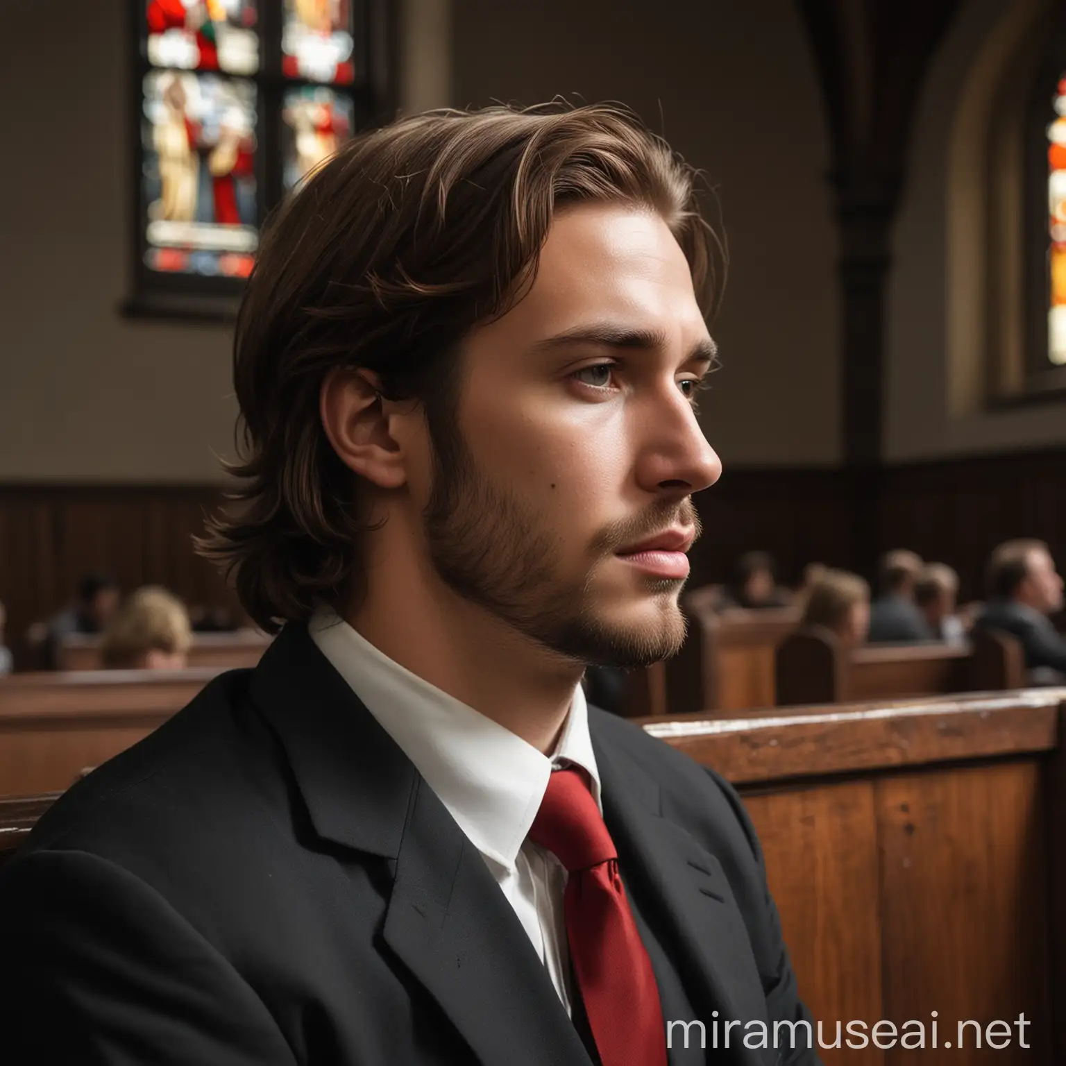 Create a visual arts artwork with a close-up view of a broad-shouldered 27-year-old man with brown hair, dressed in a formal suit, sitting in one of the wooden seats of a dark church. The man should be positioned towards the center of the composition, filling the frame to showcase his tired expression and weary posture. In the background, a subtle hint of a stained glass window on the left side of the photo should be visible, but with less emphasis compared to the main subject. The stained glass window can still depict a clear image of Jesus with minimal red hues. The focus should be on the man and the church's interior, with the white and wooden details adding to the atmosphere of reverence and introspection. The close-up perspective should capture the man's emotional numbness and fatigue, emphasizing the inner turmoil and contemplative mood of the scene.
