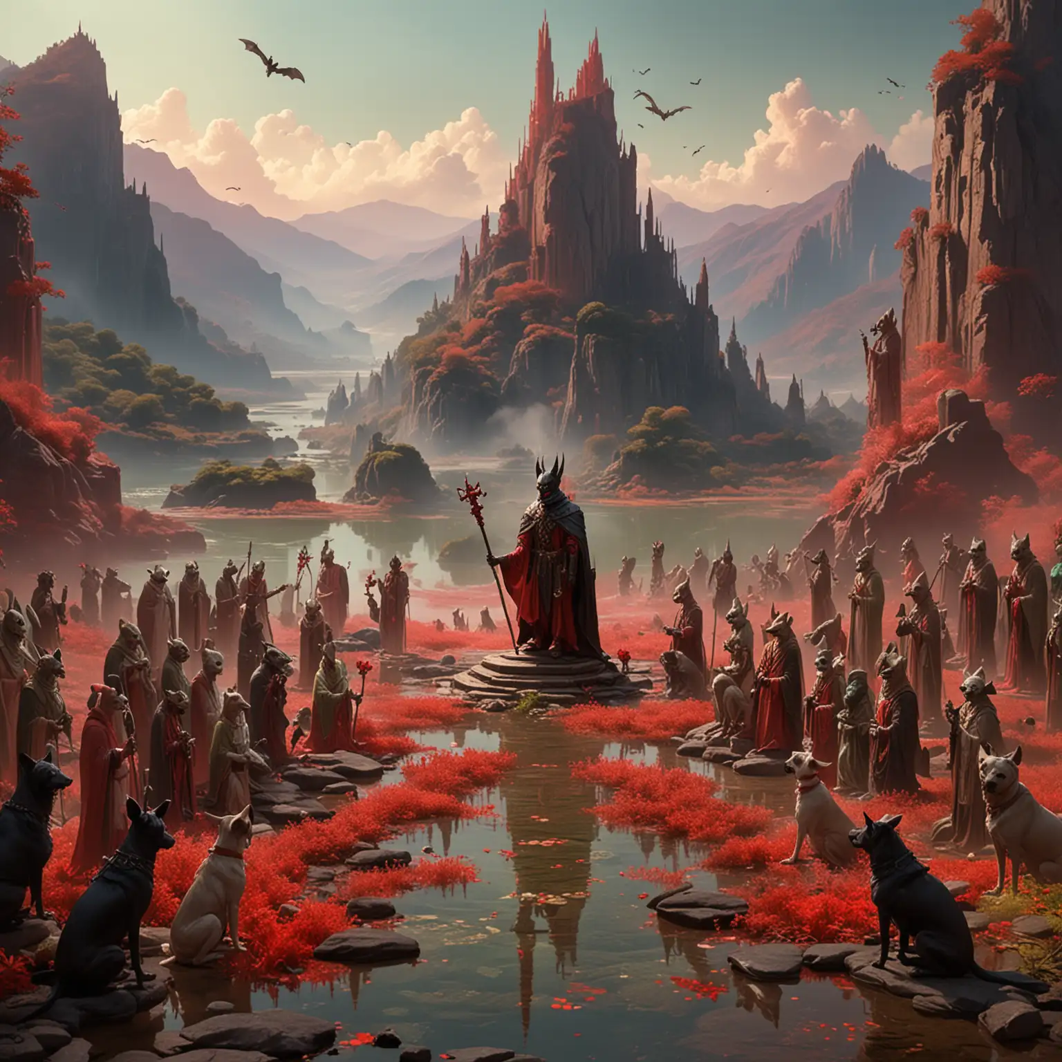 Bat-headed humanoid with a scepter stands on an altar, with various types of dog-headed beings kneeling down before it. There's a light green, thin veil floating over the mountains in the distance, and a small river with vivid red water flows quietly towards the center of the altar.