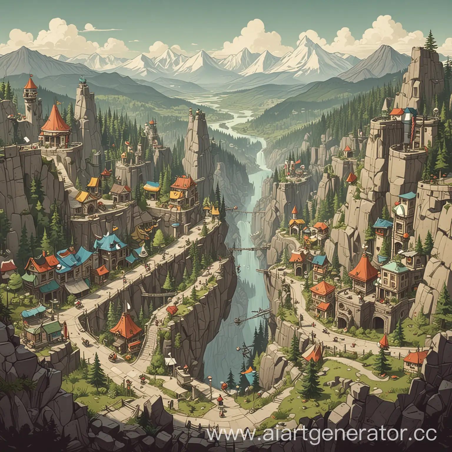 cuphead style. modern map. modern city and forest. mountains. окружен стеной, вид сверху, с высоты как игровая карта.