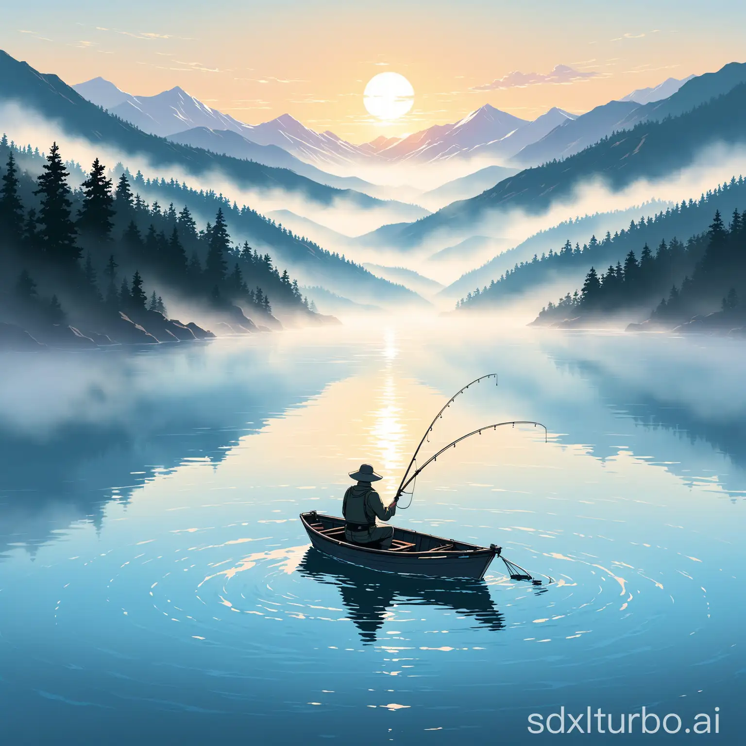 Paint a picture of boundless water and mist, a solitary fishing scene.