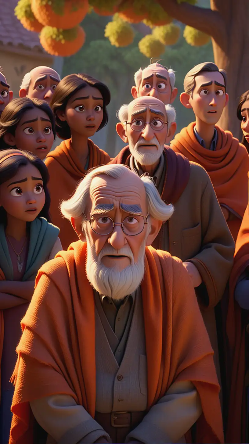 Diverse Group Listening Intently to Wise Old Man in Disney Pixar Animation Style