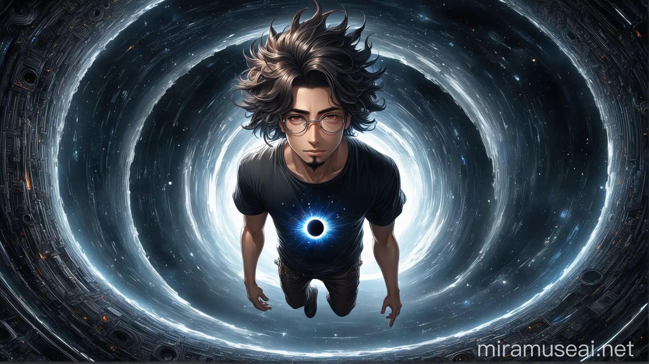 Kyoto animation stylized anime mixed with final fantasy artworks ~ artwork of a handsome modern nerdy sidekick in his late 20’s with glasses and a video game t-shirt, tan skin, goatee and dreads free-falling. He's falling in a black hole in space or like a time vortex. There's an eclipse on the background. Background is a dark black hole. Cinematic Lighting, dark lighting, ethereal light, intricate details, extremely detailed, complex details, insanely detailed and intricate, hypermaximalist, extremely detailed with rich colors. masterpiece, best quality, aerial view, HDR, UHD, unreal engine. handsome young man, dark hair, mysterious aura, mysterious face, (acrylic illustration by artgerm, by kawacy, by John Singer Sargenti) dark spacey background, final fantasy, fantasy background, fair skin, gray alien, yin-yang, black hole rich in details, high quality, gorgeous, dystopian, alien, sci-fi style, fantasy style gorgeous, glamorous, 8k, super detail, gorgeous light and shadow, detailed decoration, detailed lines, webtoon cover