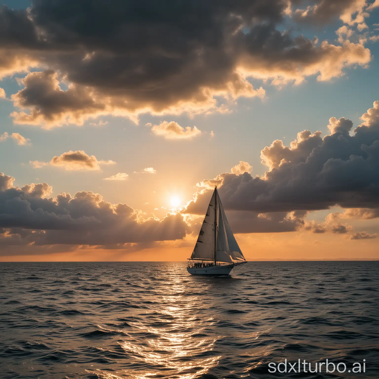 sailboat with white sails from behind getting farther away at sea in the distance at sunset with clouds
