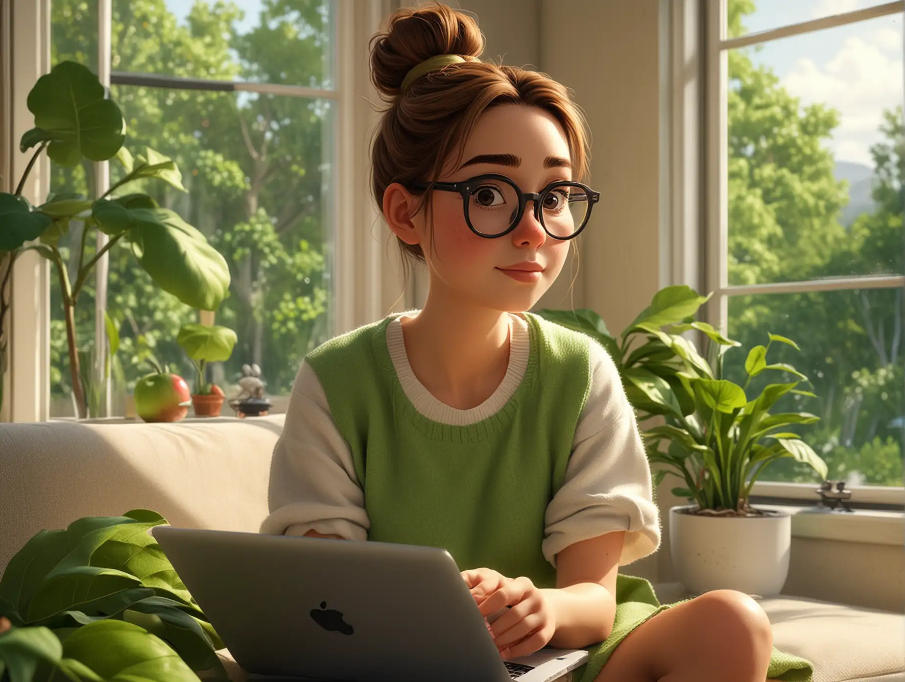Pixar style, female, with a bun hairstyle, wearing glasses, comfortable to wear, working from home. Sitting on the sofa, holding an Apple computer, behind you is a large French window, and outside the window is a green landscape. There are green plants at home.