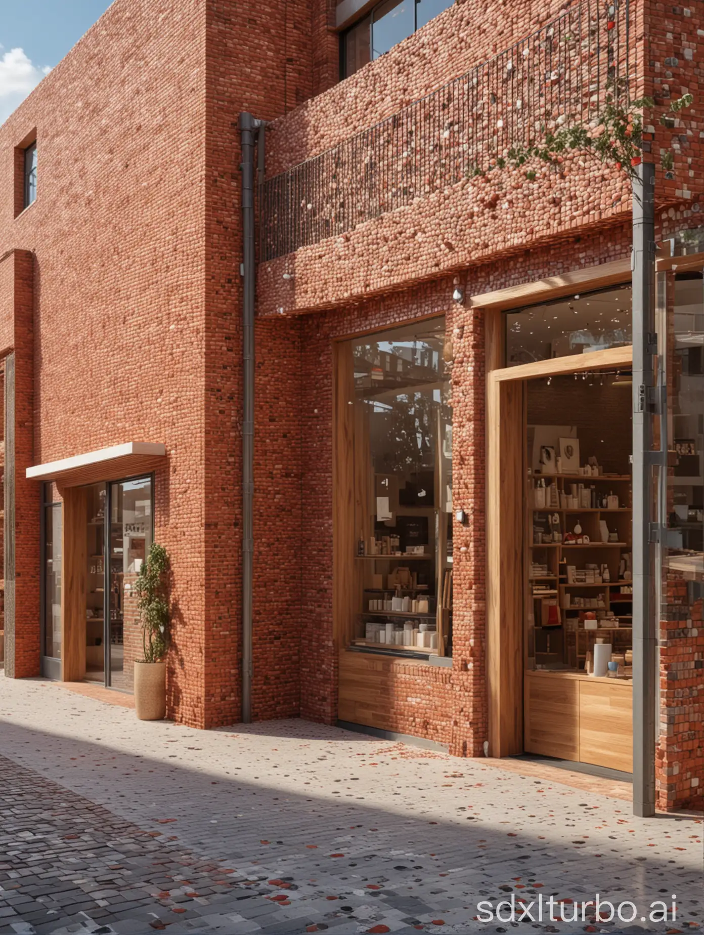 creative small retail shops, mix use red bricks, timber, and terrazzo materials arranged in interesting ways, very realistic, located in a mix-use design district, two point perspective view, modern architecture