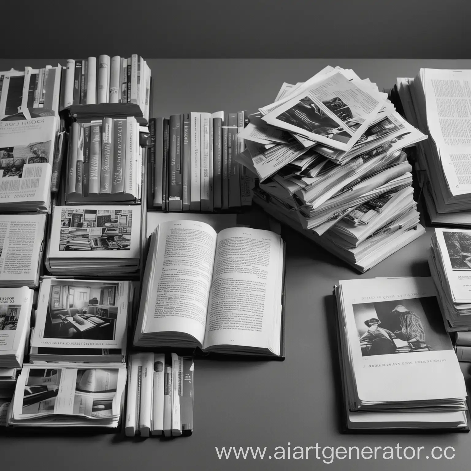 Сгенерируй картинку на тему - Книги и журналы. Стиль - серый, изображение - квадратное. Без текста.