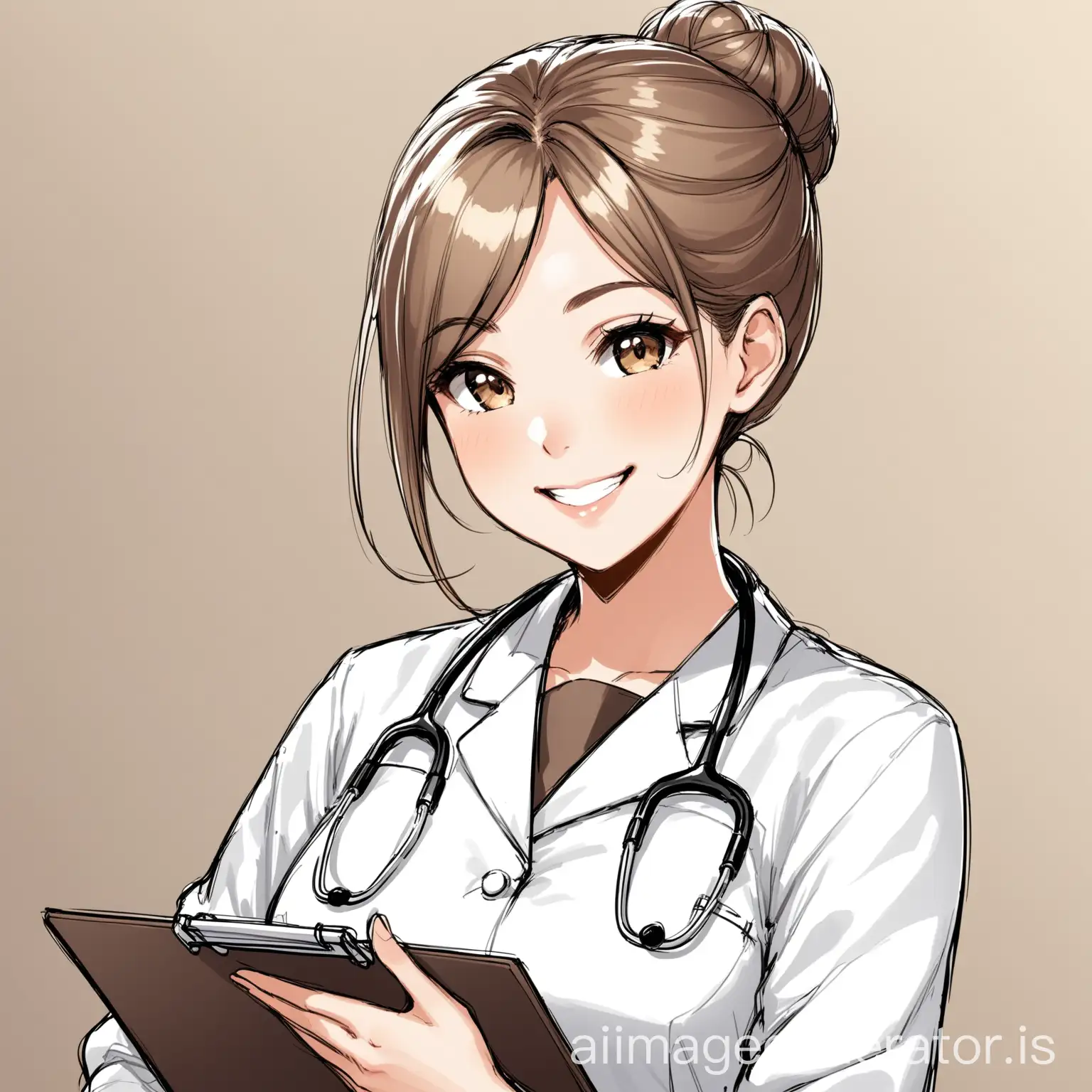 as a colourless sketch put this girl at a 45 degree angle with large breasts in a doctors uniform holding a clipboard it with her hair in a bun smiling. make it full frame 