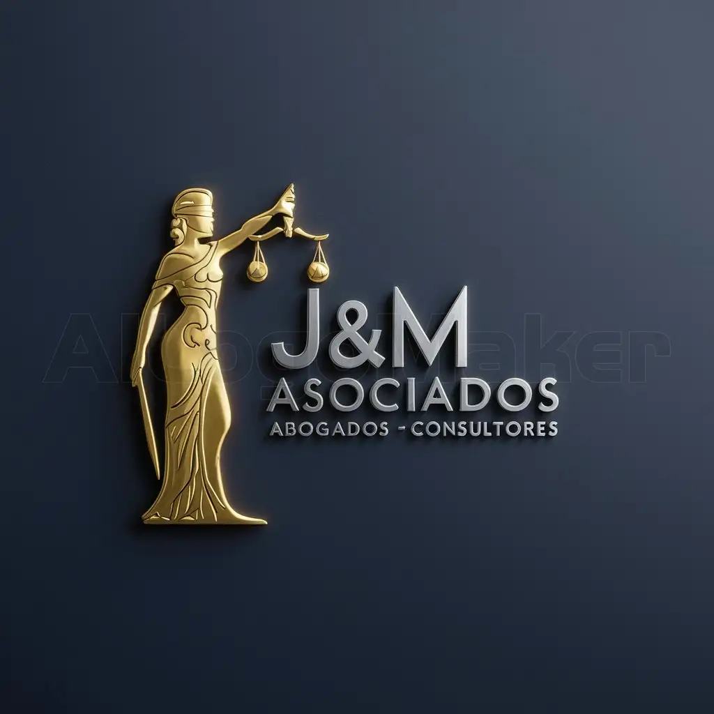 a logo design,with the text "J&M ASOCIADOS ABOGADOS - CONSULTORES", main symbol:Goddess Themis of law in Dorado, navy blue background and silver letters,Minimalistic,be used in Legal industry,clear background