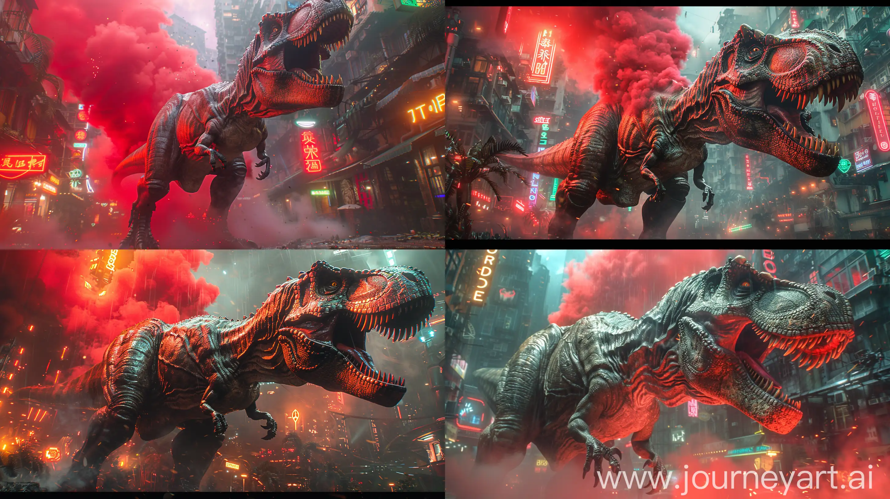 a terrifying large steampunk mechanical tyrannosaurus rex with red smoke in the background and a futuristic city with neon lights. atmospheric lighting, very detailed --ar 16:9 --s 1000