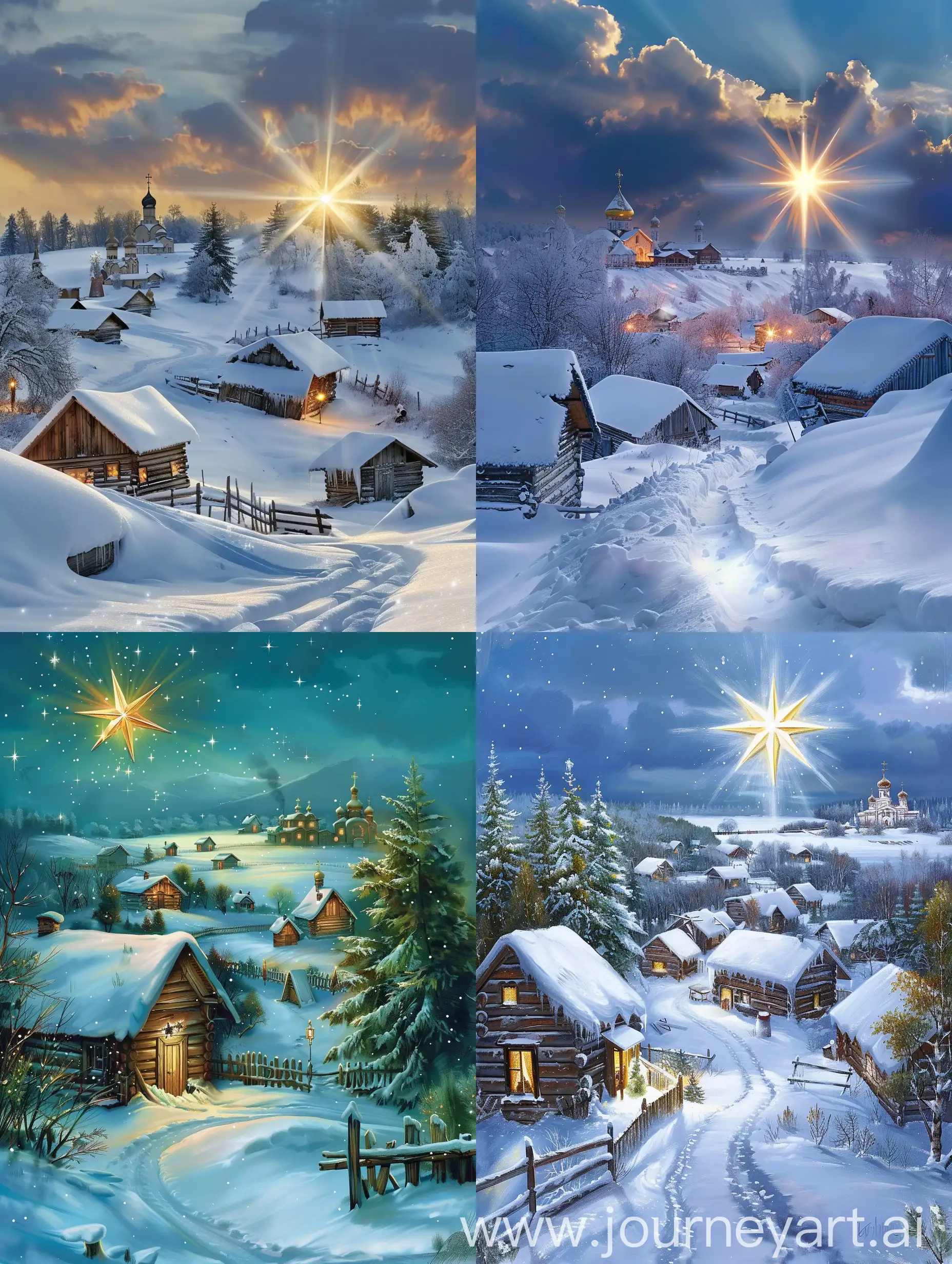Star of Bethlehem Over Snowy Russian Landscape: "The Star of Bethlehem shining brightly over a snow-covered medieval Russian landscape, illuminating traditional wooden cottages and a distant orthodox monastery." based in Anatoly Timofeevich Fomenko e Gleb Vladimirovich Nosovsk books