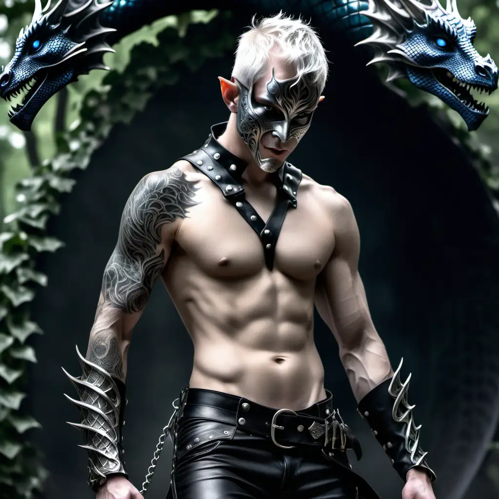 Fantasy male elf, slave, thin but muscular, black leather pants, dragon scale vest no shirt, metal collar, ivy tattoos, deep blue eyes, short white hair, black metal mask covering face, dragon rider, sexy, hot, 