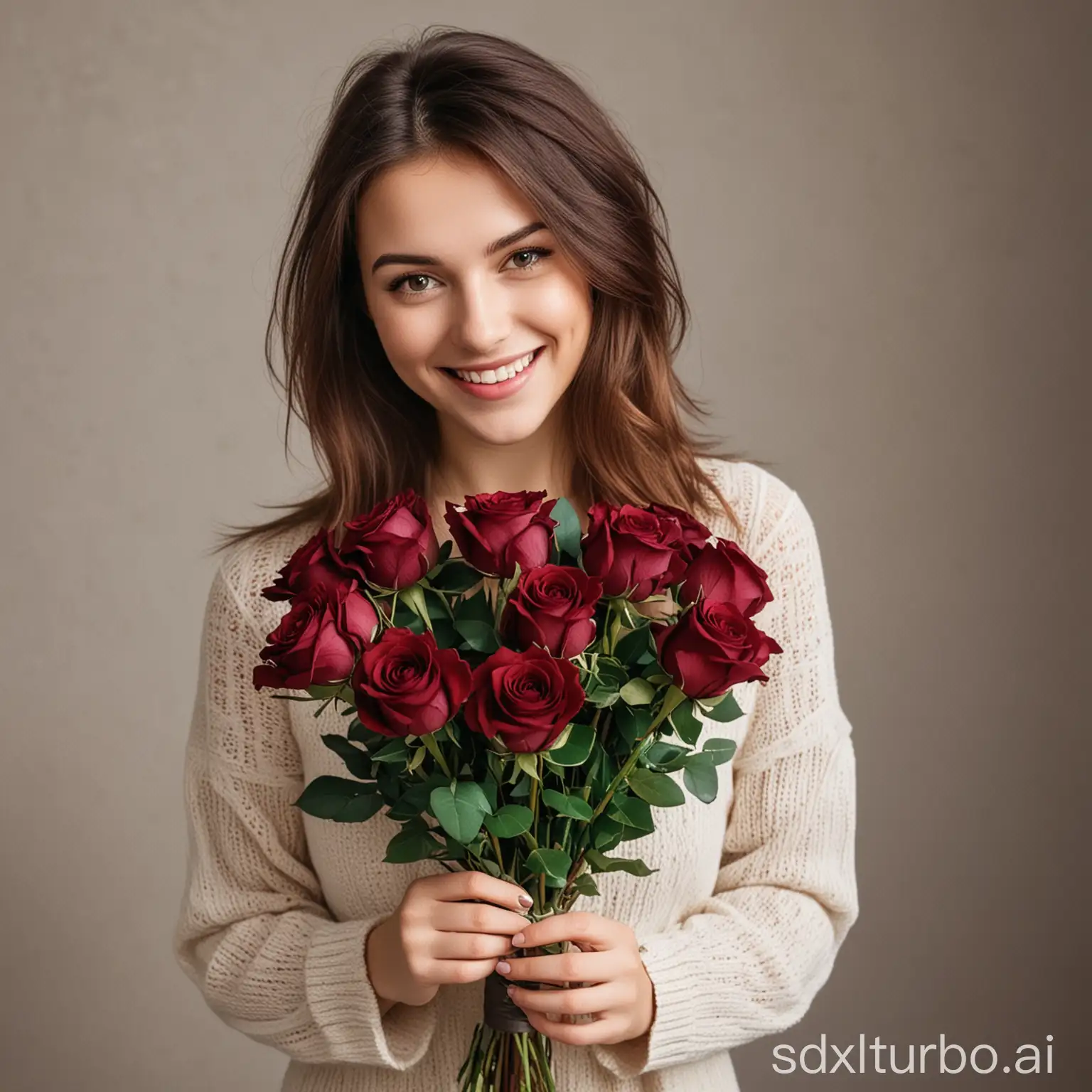 The girl holds a bouquet of burgundy roses to herself and smiles