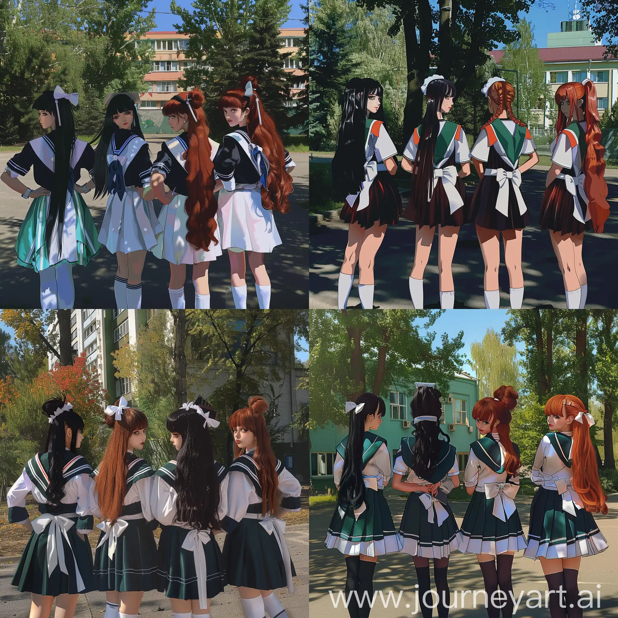 { "prompt": "Four girls standing in a JoJo's Bizarre Adventure style pose, outdoors with trees and a building in the background. Each girl is wearing a russian graduation school uniform, similar to the provided image. The first girl has long black hair, the second girl has dark hair in a bun with a white bow, the third girl has long red hair, and the fourth girl has long brown hair. The scene is bright and colorful, capturing the exaggerated and dramatic flair of JoJo's Bizarre Adventure.", "size": "1792x1024" }