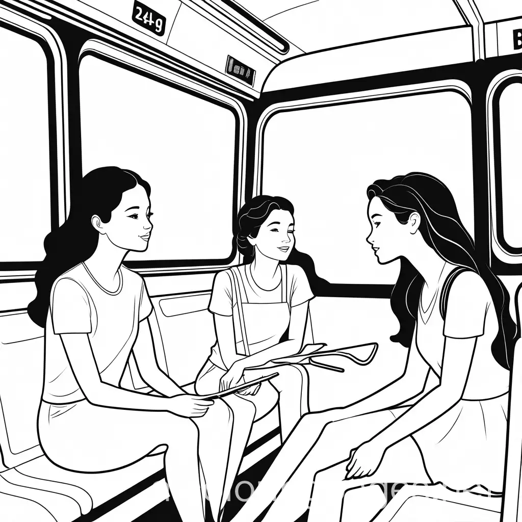 3 girls sitting next to each other on a bus and talking colouring page, Coloring Page, black and white, line art, white background, Simplicity, Ample White Space. The background of the coloring page is plain white to make it easy for young children to color within the lines. The outlines of all the subjects are easy to distinguish, making it simple for kids to color without too much difficulty
