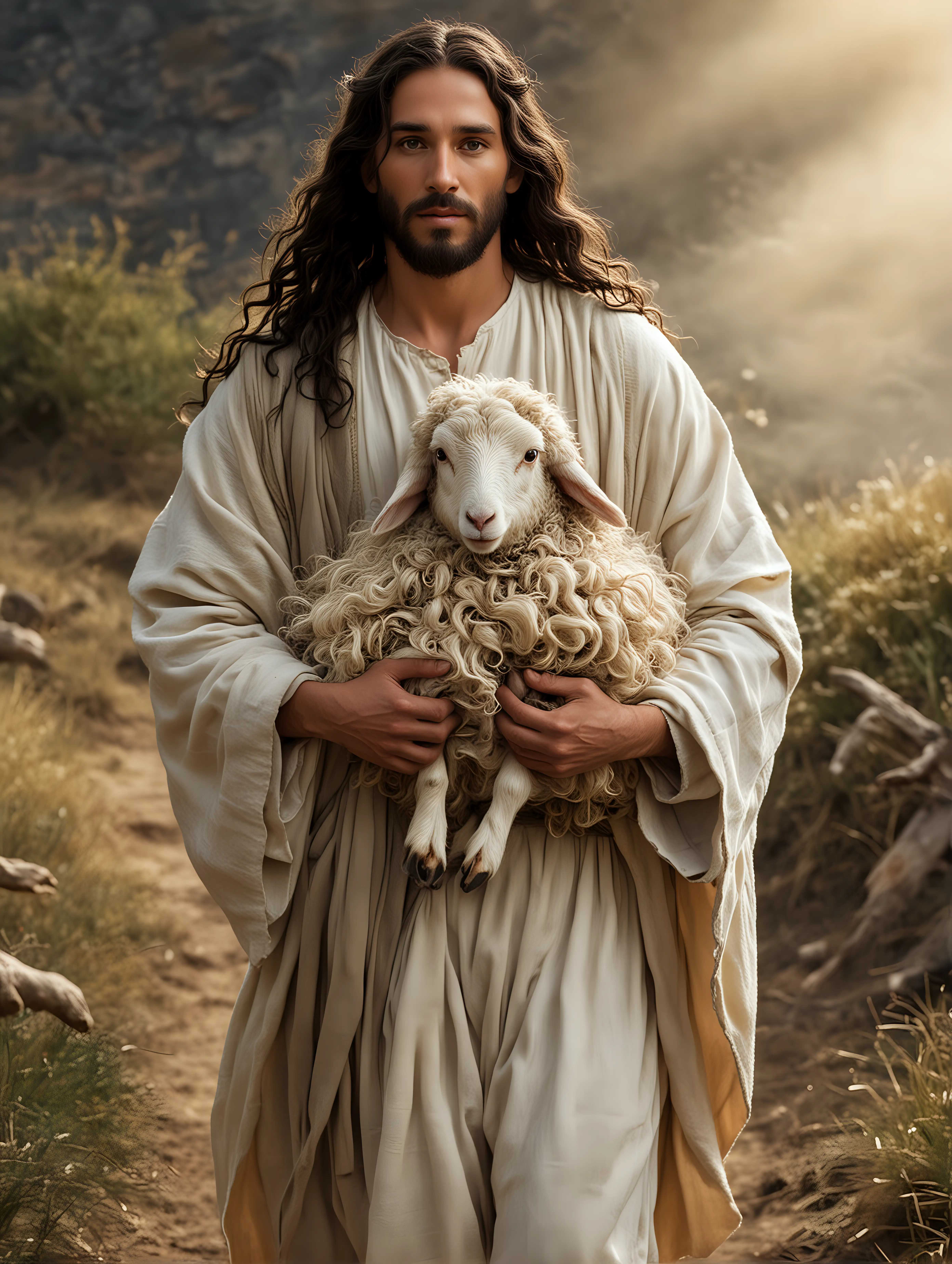 Divine Savior Jesus Embracing a Lamb with Long Dark Wavy Hair