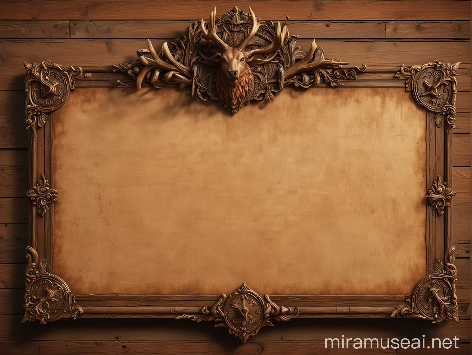 Create a banner image for a fantasy game guild. The image should depict a wooden notice board with an ornate top section that has a shield-shaped crest in the center featuring a stag's head. The notice board itself should be blank, allowing for text to be added later.  The overall dimensions of the image should be 1920x1080 pixels. Use a warm, earthy color palette with natural wood tones. Include detailed textures and weathering effects to make the notice board look authentic and aged. Pay close attention to lighting and shadows to make the design look realistic and three-dimensional.  The focus should be on the ornate top section and the blank notice board area. Avoid overly busy or cluttered backgrounds that would distract from the main elements.  Provide the image in a high-quality format (e.g. PNG) suitable for use in a video game or website.