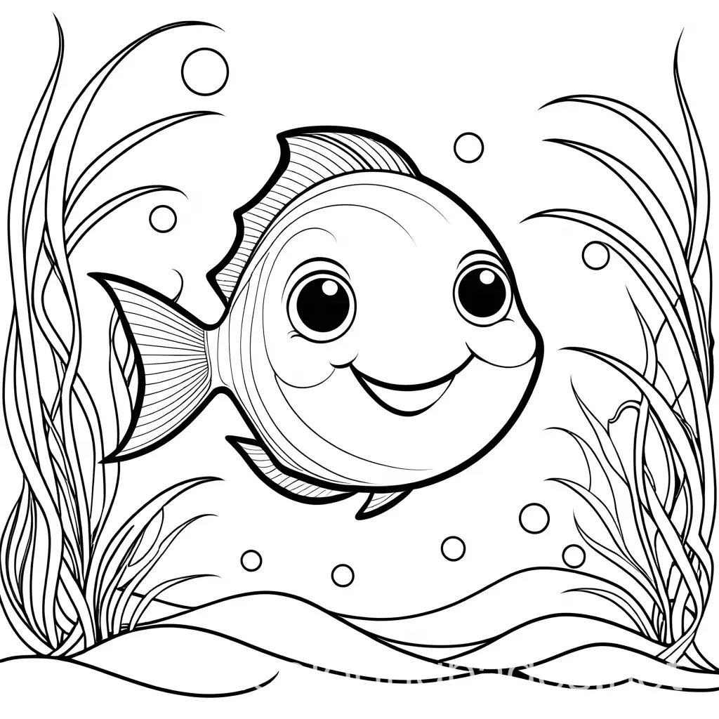 cute smiling fish under the sea , Coloring Page, black and white, line art, white background, Simplicity, Ample White Space. The background of the coloring page is plain white to make it easy for young children to color within the lines. The outlines of all the subjects are easy to distinguish, making it simple for kids to color without too much difficulty