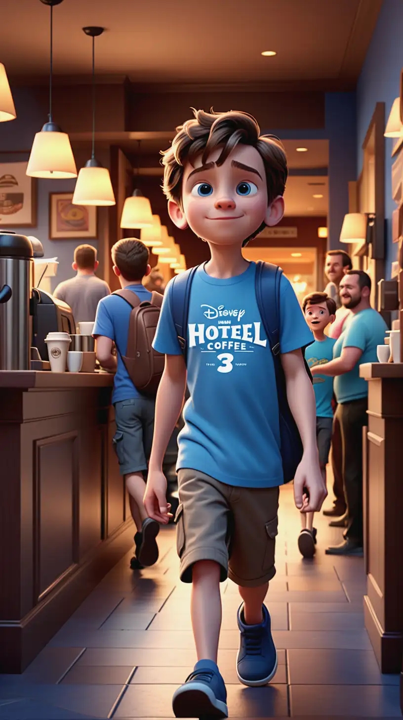 Boy in Blue TShirt Enters Vibrant Hotel Coffee Shop Disney Pixar 3D Animation
