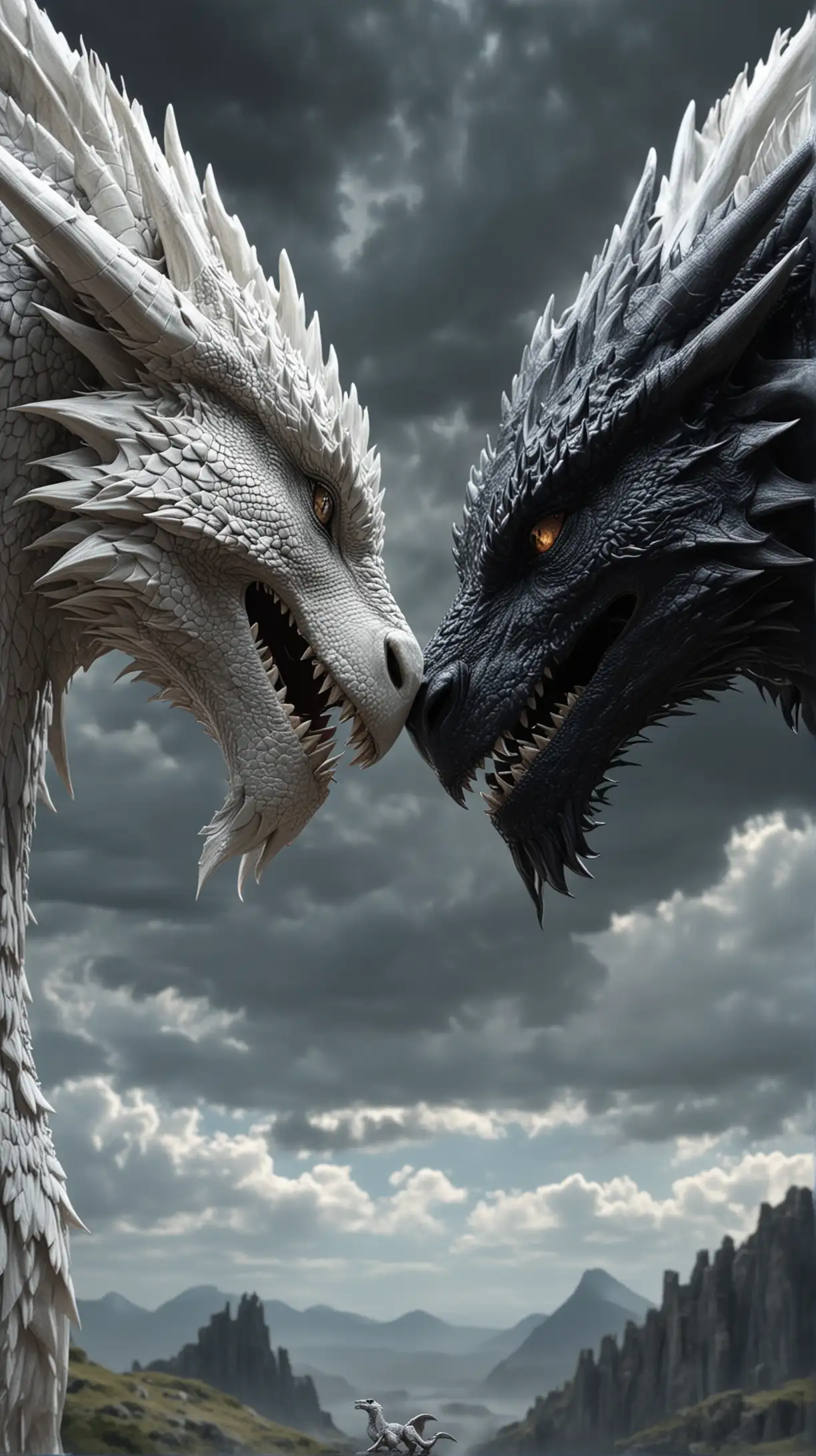 Majestic White and Black Dragons in Enchanted Love Affair