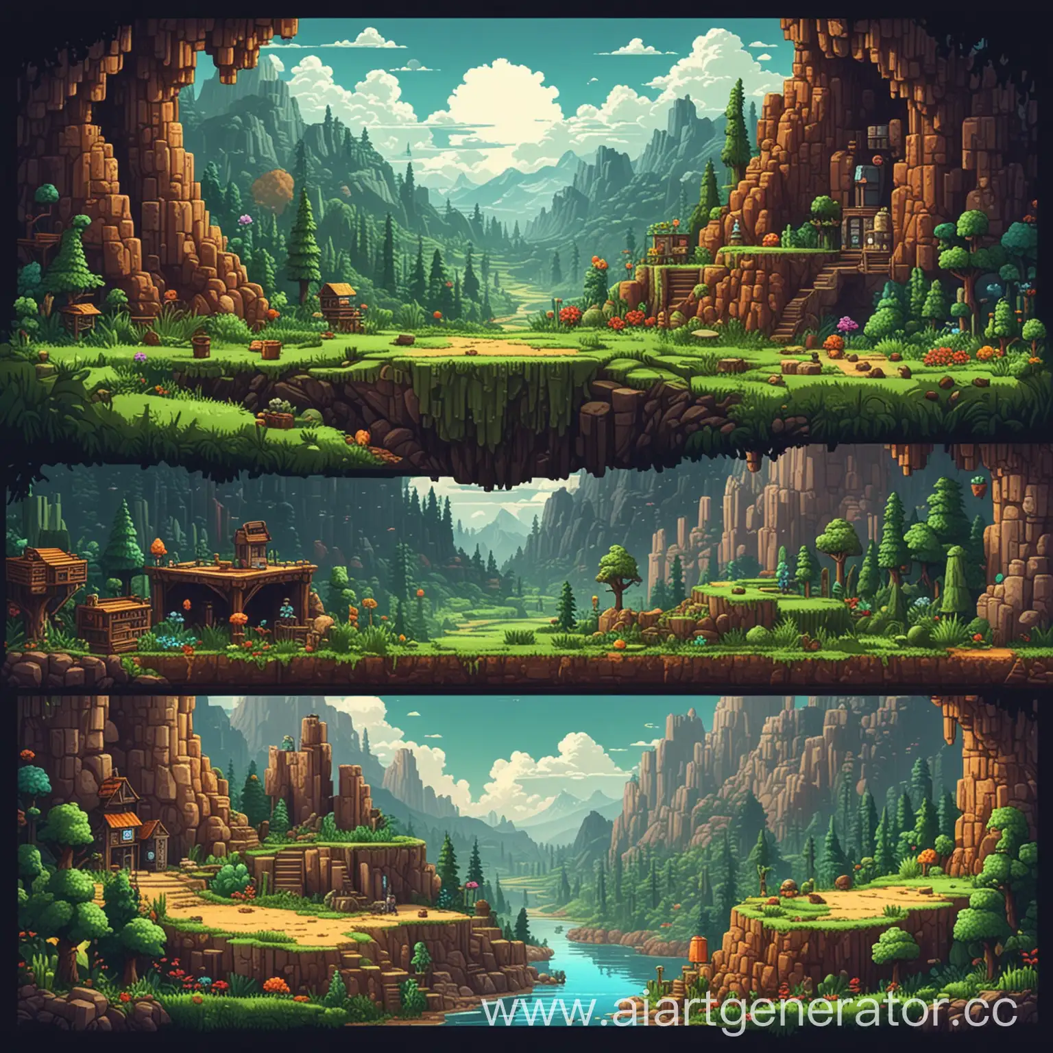 Create a 2000x500 pixel banner for a 2D pixel art game called 'Pixel Dream'. The banner should feature a landscape with smooth hills and plains, reminiscent of the game Terraria. The top layer should have grass-covered blocks, and underneath should be plain dirt blocks. Include elements such as trees, bushes, and caves to add variety to the scene. Add a character using a tool, interacting with the environment, and a few enemies for a sense of adventure. Place the game's title, 'Pixel Dream', in a pixel art font prominently in the center or left side of the banner. Use a bright and colorful palette to make the scene vibrant and engaging.