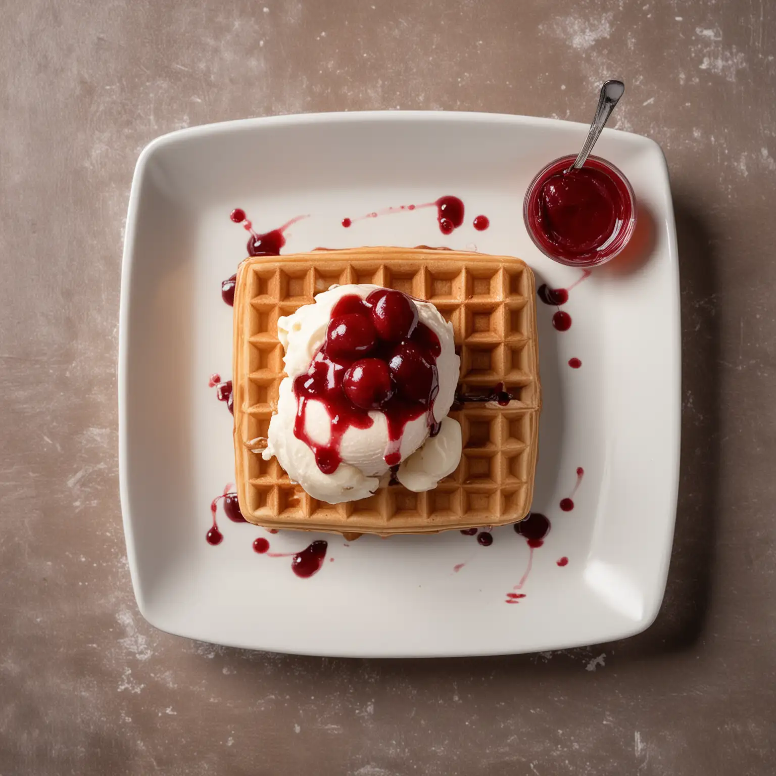 Square-Belgian-Waffle-with-Ice-Cream-and-Cherry-Sauce-on-Plate