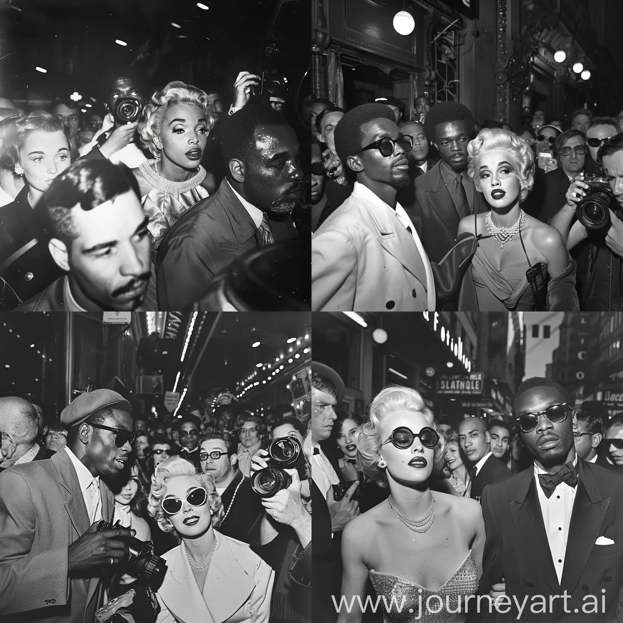 a 1960s Black and White Photograph,Of a Black rapper with diamond jewelry and designer on and a glamerous Marilyn Monroe,Leaving a Theatre,with many paparazzi