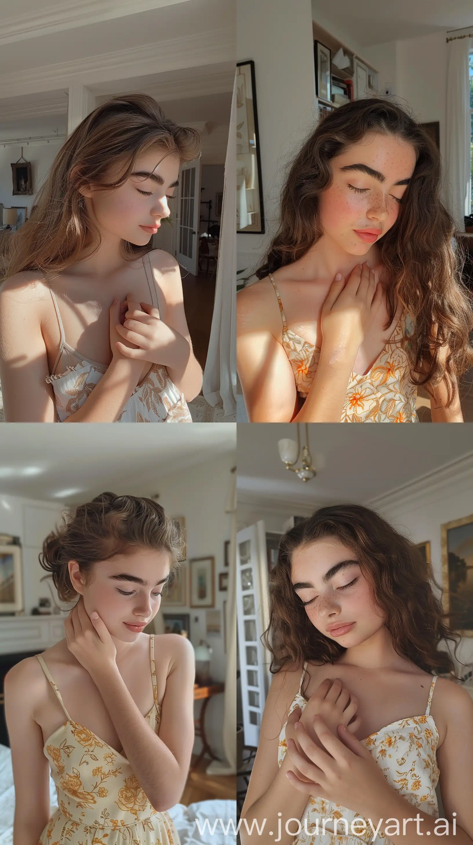 Aesthetic Instagram selfie of Haley Kalil's little sister, 15 years old, pretty, super model face, sun dress, in fancy New York apartment, bushy thick eyebrows, looking down to the side, hands close to heart, wide set, profile throw face away in room --ar 9:16