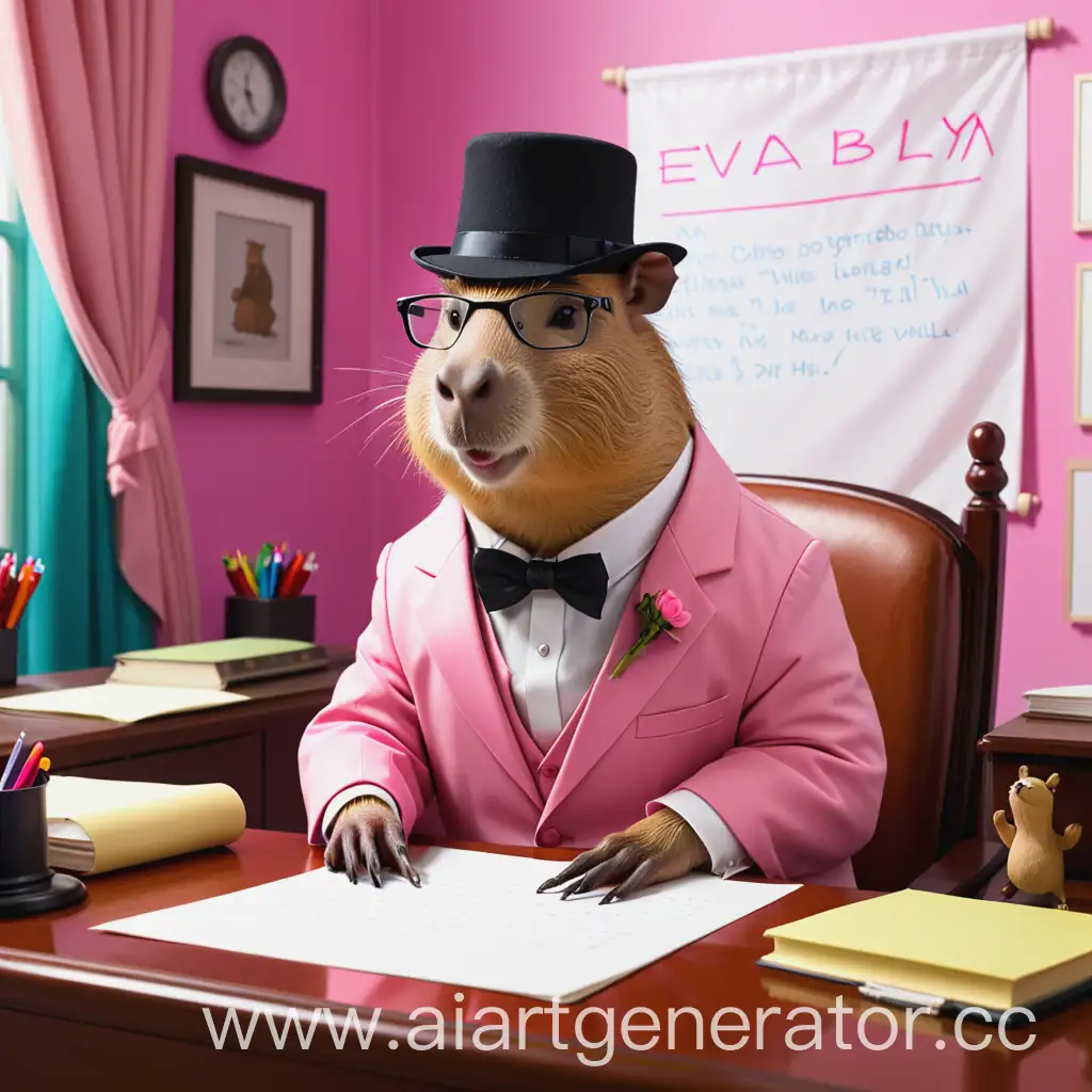 Капибара сидит за письменным столом и что то пишет. Он одет в розовый смокинг, очки и шляпу. Сзади него на стене висит баннер “eva blya”
